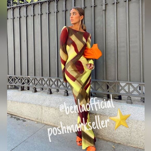 NWT VIRAL ZARA PRINTED MAXI DRESS TULLE BROWN GREEN MULTI - Picture 3 of 16